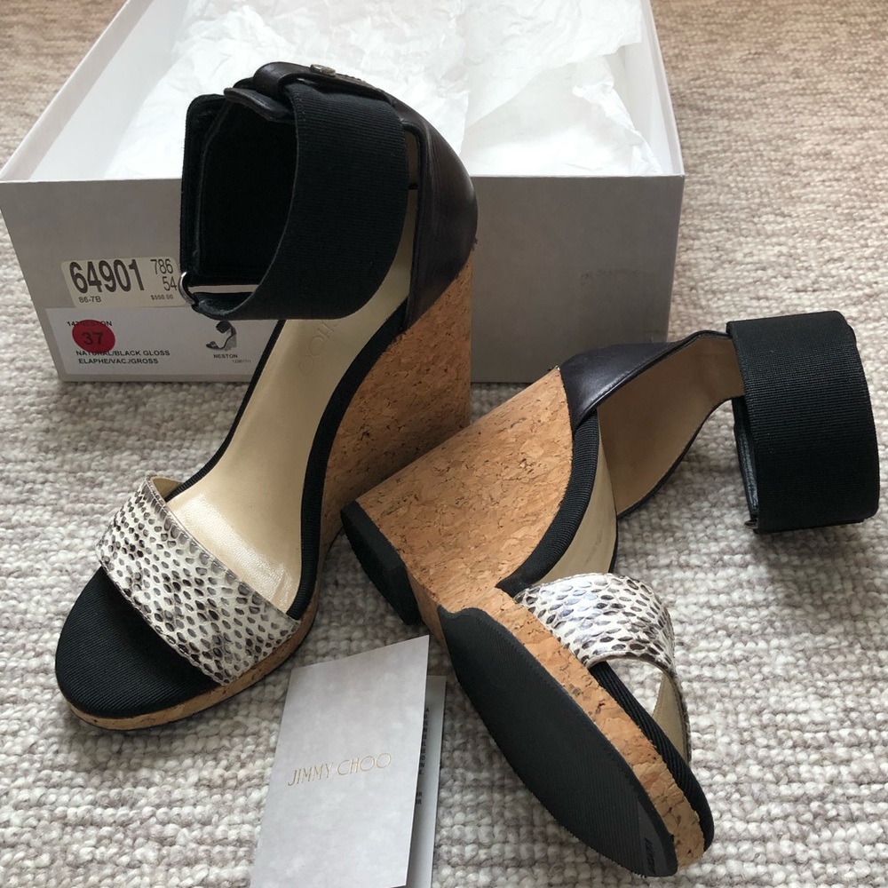 Jimmy Choo
Black Neston Mixed Media Snakeskin Wedge Sandal Pumps.